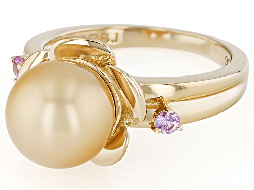 9mm Golden Cultured South Sea Pearl With Pink Sapphire 18k Yellow Gold Over Sterling Silver Ring - Size 6