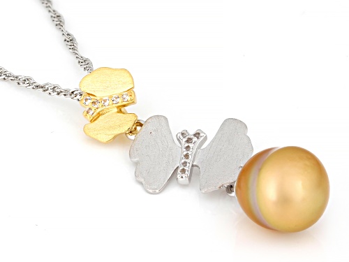 9mm Golden Cultured South Sea Pearl & Topaz Rhodium & 18k Gold Over Sterling Silver Two-Tone Pendant