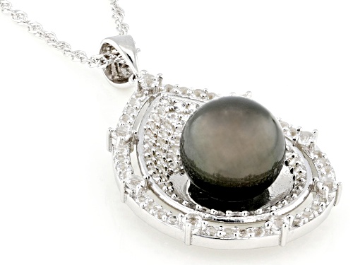 10mm Cultured Tahitian Pearl With White Topaz Rhodium Over Sterling Silver Pendant With Chain