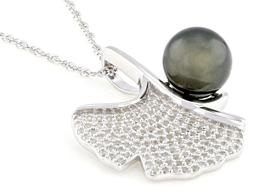 10mm Cultured Tahitian Pearl With White Topaz Rhodium Over Sterling Silver Pendant With Chain