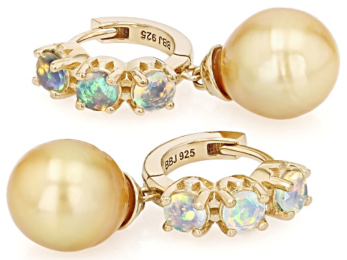 9mm Golden Cultured South Sea Pearl With Ethiopian Opal 18k Gold Over Silver Earrings