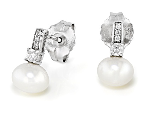 7.5mm White Cultured Freshwater Pearl With White Zircon Rhodium Over Sterling Silver Earrings