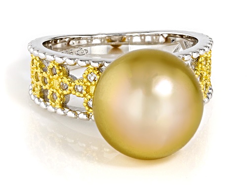 11mm Golden Cultured South Sea Pearl With Topaz 18K Gold And Rhodium Over Silver Two-Tone Ring - Size 12