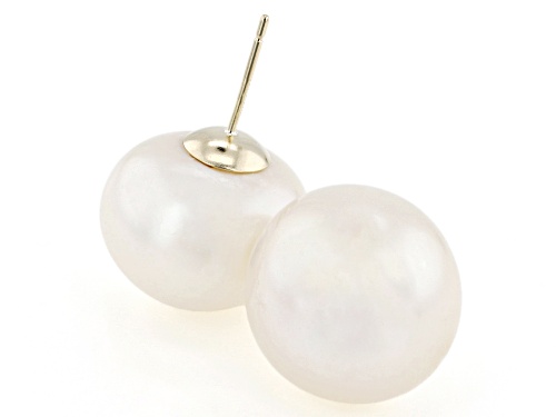 14mm White Cultured Freshwater Pearl 14k Yellow Gold Stud Earrings