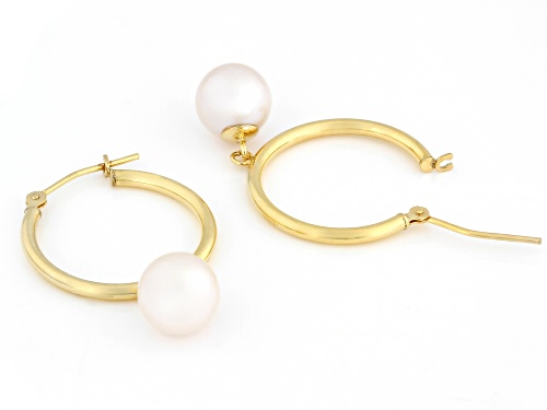 8mm White Cultured Freshwater Pearl 14k Yellow Gold Over Sterling Silver Hoop Earrings