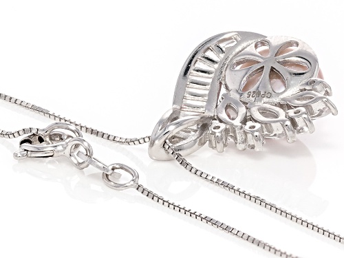 9mm Pink Cultured Freshwater Pearl With Lab Created Sapphire Rhodium Over Silver Pendant With Chain