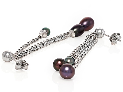 4-7mm Black Cultured Freshwater Pearl Rhodium Over Sterling Silver Earrings