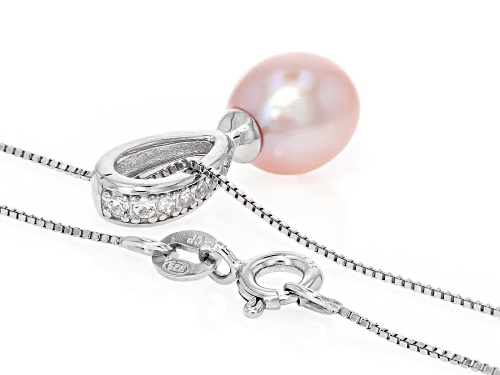8mm Pink Cultured Freshwater Pearl With Lab Created Sapphire Rhodium Over Silver Pendant With Chain