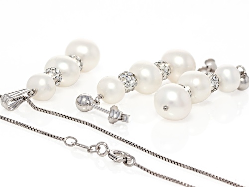6-8.5mm White Cultured Freshwater Pearl & Crystal Bead Rhodium Over Silver Pendant And Earring Set