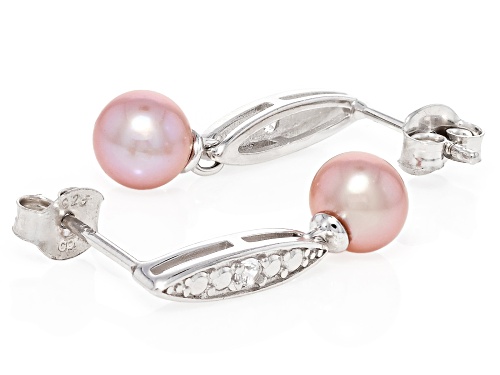 6mm Pink Cultured Freshwater Pearl With Lab Created Sapphire Rhodium Over Sterling Silver Earrings