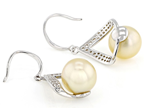 8mm Golden Cultured South Sea Pearl & White Zircon Rhodium Over Sterling Silver Earrings