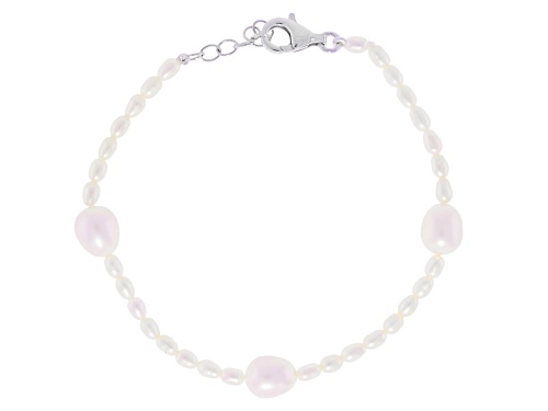 3-8.5mm White Cultured Freshwater Pearl Rhodium Over Silver 20 Inch Strand Necklace & Bracelet Set