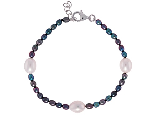 3-8.5mm Black & White Cultured Freshwater Pearl Rhodium Over Silver Strand Necklace & Bracelet Set