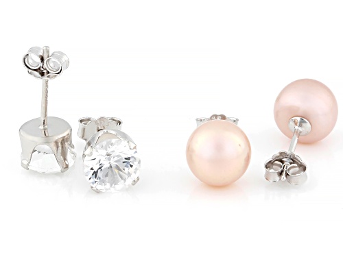 8mm Pink Cultured Freshwater Pearl & Lab Created White Sapphire Rhodium Over Silver Stud Earrings