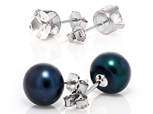 8mm Black Cultured Freshwater Pearl & Lab Created White Sapphire Rhodium Over Silver Stud Earrings