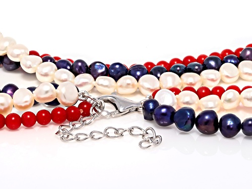 5.5mm Multi-Color Cultured Freshwater Pearl & Coral Beads Rhodium Over Silver Strand Necklace - Size 20