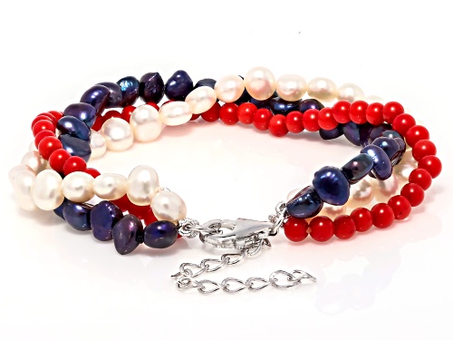 5.5mm Multi-Color Cultured Freshwater Pearl & 4mm Coral Beads Rhodium Over Sterling Silver Bracelet