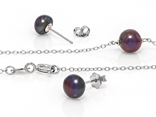 6mm Black Cultured Freshwater Pearl Rhodium Over Sterling Silver Necklace And Earring Set