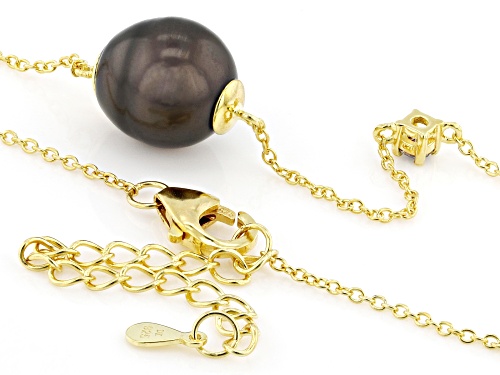 10mm Cultured Tahitian Pearl With Blue Moissanite 18k Yellow Gold Over Silver 20 Inch Necklace - Size 20