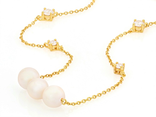 7mm White Cultured Japanese Akoya Pearl With Moissanite 18k Yellow Gold Over Silver 20 Inch Necklace - Size 20