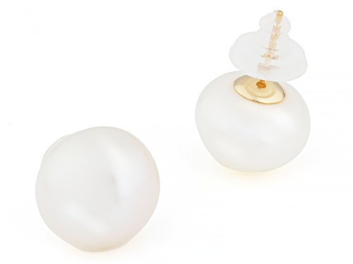 13.5mm White Cultured Freshwater Pearl 14k Yellow Gold Stud Earrings