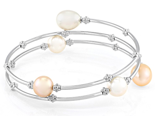 8mm Multi-Color Cultured Freshwater Pearl Rhodium Over Sterling Silver Wrap Bracelet