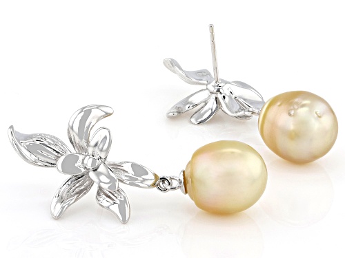 10mm Golden Cultured South Sea Pearl Rhodium Over Sterling Silver Earrings