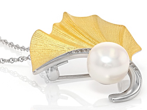 10mm White Cultured Freshwater Pearl & Topaz Rhodium & 18k Gold Over Silver Pin/Pendant With Chain
