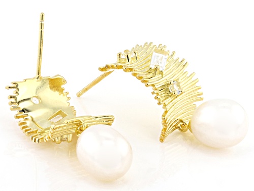 8mm White Cultured Freshwater Pearl With Topaz 18k Yellow Gold Over Sterling Silver