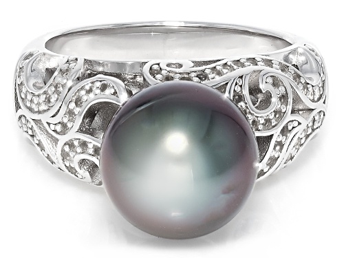 9mm Cultured Tahitian Pearl With White Topaz Rhodium Over Sterling Silver Ring - Size 12