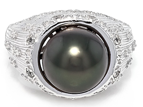 10mm Cultured Tahitian Pearl With White Topaz Rhodium Over Sterling Silver Ring - Size 10