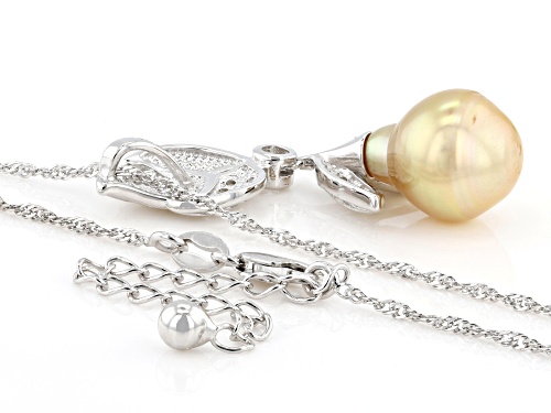 11mm Golden Cultured South Sea Pearl With Topaz Rhodium Over Sterling Silver Pendant with Chain