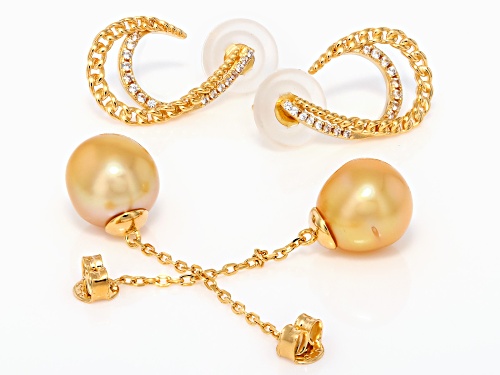 9mm Golden Cultured South Sea Pearl With Zircon 18k Yellow Gold Over Sterling silver Earrings