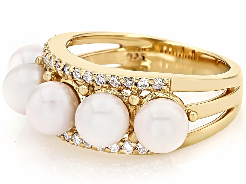 5mm White Cultured Japanese Akoya Pearl With Moissanite 18k Yellow Gold Over Sterling Silver Ring - Size 10