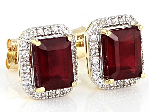 4.42ctw Emerald Cut Mahaleo® Ruby With 1.50ctw Round White Zircon 10k Yellow Gold Earrings