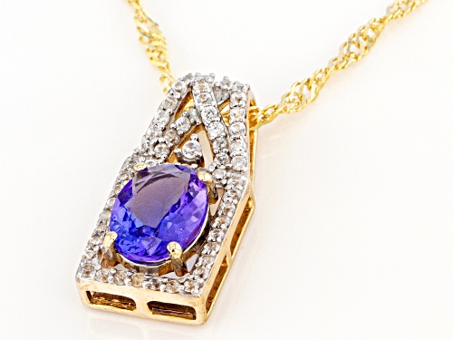 1.19ct Oval Tanzanite With .23ctw Round White Zircon 10k Yellow Gold Pendant With Chain