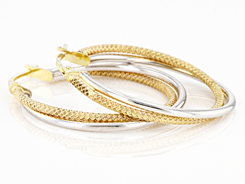 10K Two-Tone 25MM Polished Textured Double Round Tube Hoop Earrings