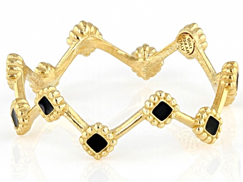 10K Yellow Gold  Black Enamel Crown Band Ring - Size 7