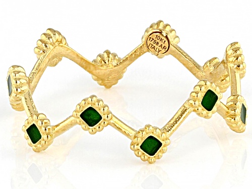 10K Yellow Gold Green Enamel Crown Band Ring - Size 8