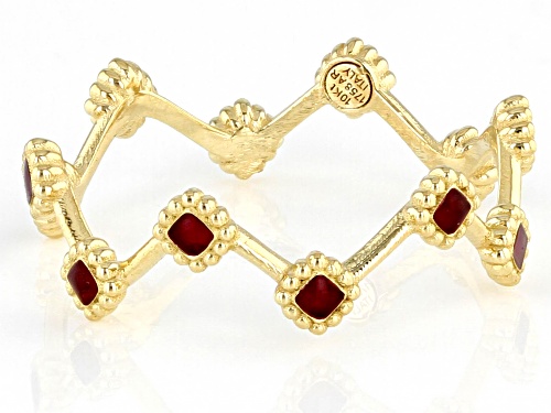 10K Yellow Gold Red Enamel Crown Band Ring - Size 7