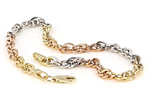 10K Yellow Gold, 10K White Gold, and 10K Rose Gold Over 10K Yellow Gold Double Cable Link Bracelet - Size 7.25