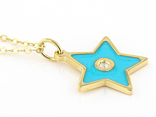 10K Yellow Gold Turquoise Color Enamel And Diamond Accent Star Necklace - Size 18