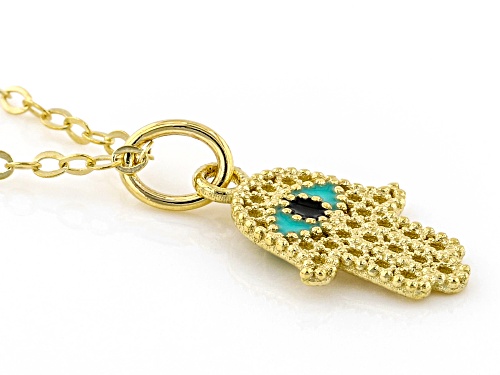10K Yellow Gold Enamel Filigree Hamsa Necklace - Size 18