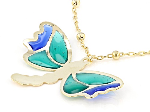 10K Yellow Gold Dragonfly Enamel Necklace - Size 18