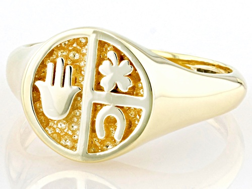 Splendido Italian Jewelry™ 10k Yellow Gold Hamsa, Clover, & Horseshoe Symbols Signet Ring - Size 6