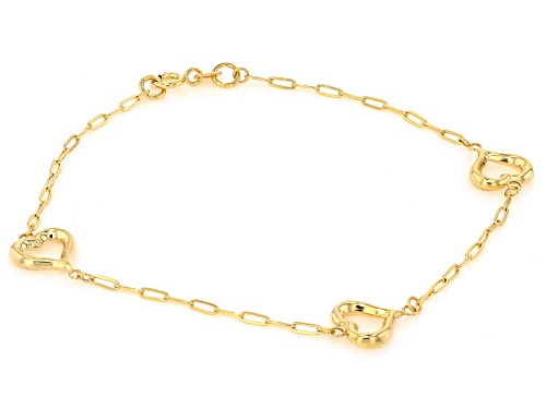 10k Yellow Gold 1.42mm Paperclip and Hearts Station Bracelet - Size 7.5