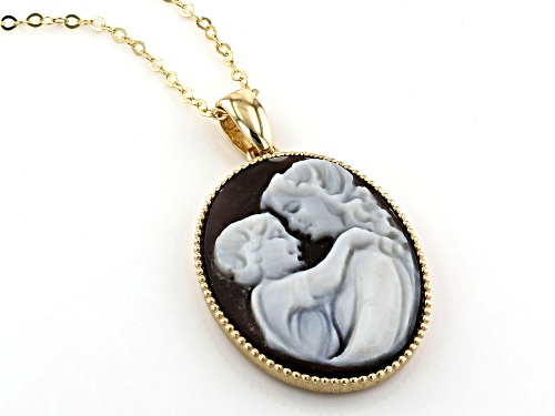 10K Yellow Gold Cameo Mother and Child Pendant with Cable Chain 18 plus 2 Inches Necklace - Size 18