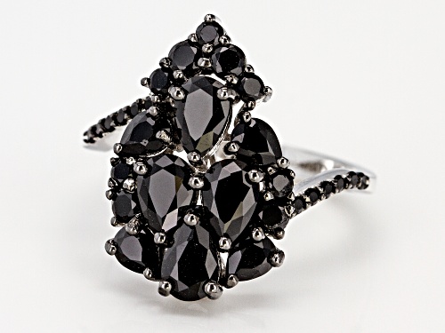 2.85ctw pear shape and round black spinel rhodium over sterling silver ring - Size 10