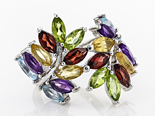 4.60ctw Marquise Multi-Gemstone Rhodium Over Sterling Silver Bypass Ring - Size 7