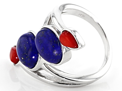 10x8mm Lapis Lazuli & 6x4mm Pear Shape Red Coral Rhodium Over Sterling Silver Bypass Ring - Size 6